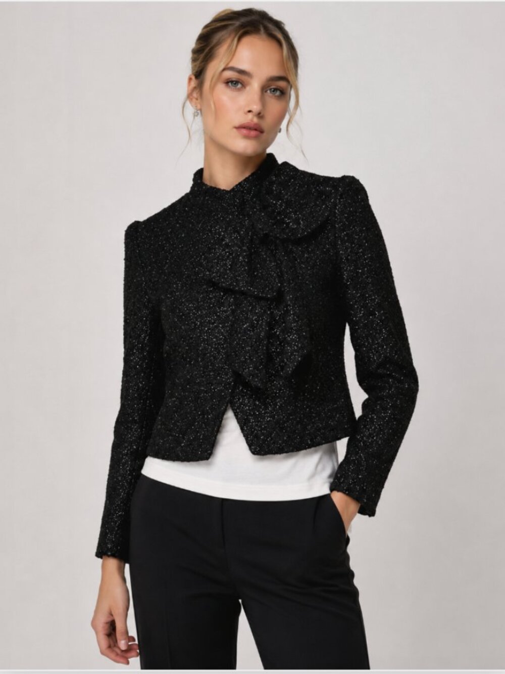 Alice + Olivia Black Metallic Tweed /Satin Cropped Jacket w/Bow Evening Blazer M